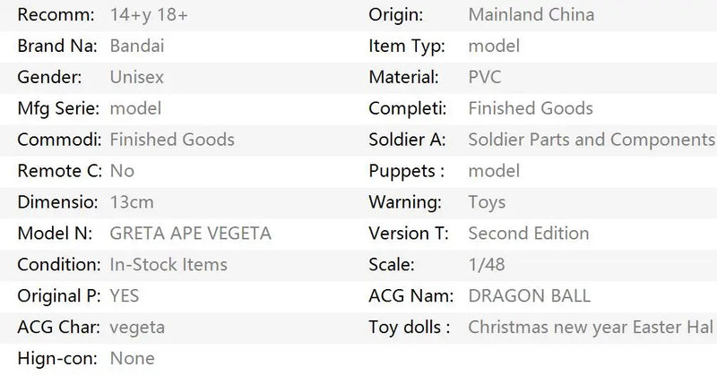 Dragon Ball Z GRETA APE VEGETA Figura de Ação Colecionável Modelo Brinquedos