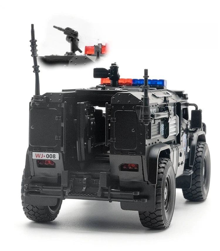 Carro de polícia blindado SWAT em escala 1:32, modelo de brinquedo de metal fundido, com absorção de choque, caminhão pesado, brinquedo com som e luz, presente para crianças