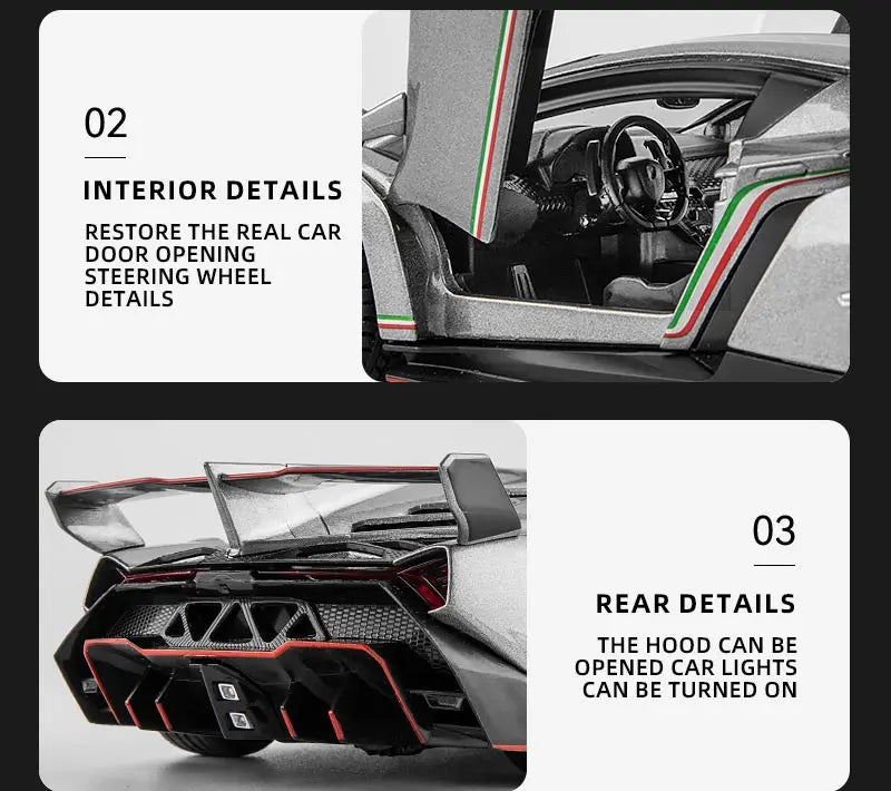 Lamborghini esportivo modelo Veneno, escala 1/24, porta que pode ser aberta, carro de brinquedo com roda dianteira dirigível