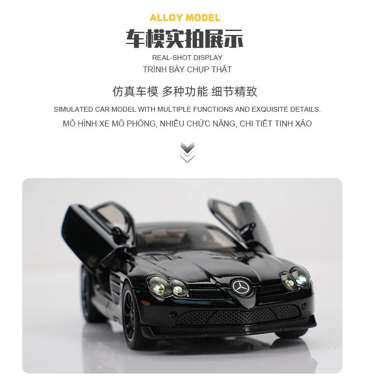 SLR 772S Modelo de carro de brinquedo Corpo de liga Pneus de borracha Diecast Supercarros Modelos Portas abertas Som Luz Brinquedos para crianças Presentes