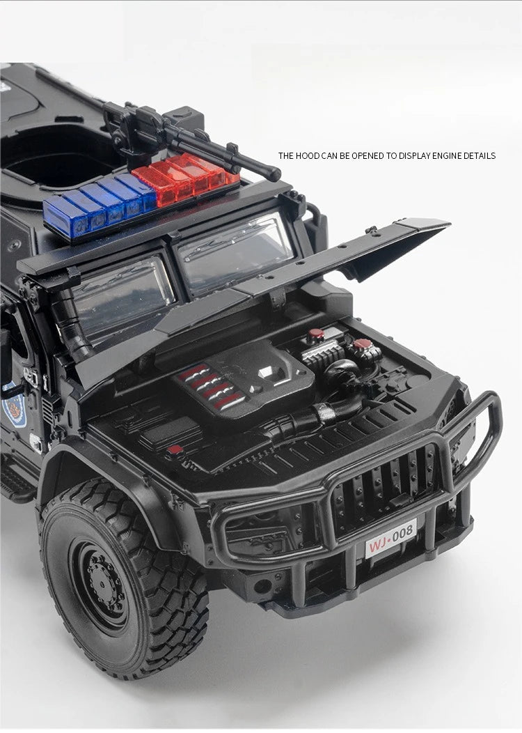 Carro de polícia blindado SWAT em escala 1:32, modelo de brinquedo de metal fundido, com absorção de choque, caminhão pesado, brinquedo com som e luz, presente para crianças