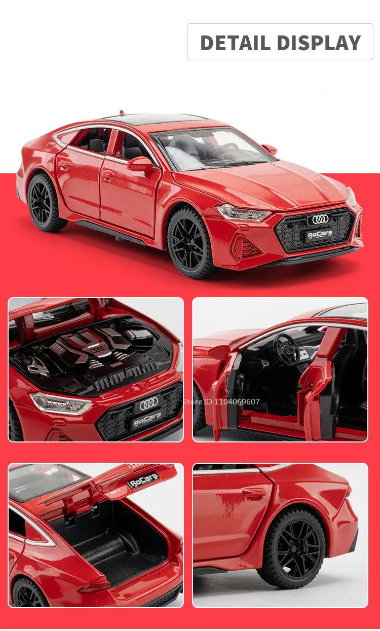 Audi RS7 Sportback, liga metálica fundida, 6 portas abertas com pneus de borracha retráteis, ornamento, veículo, brinquedos, presentes