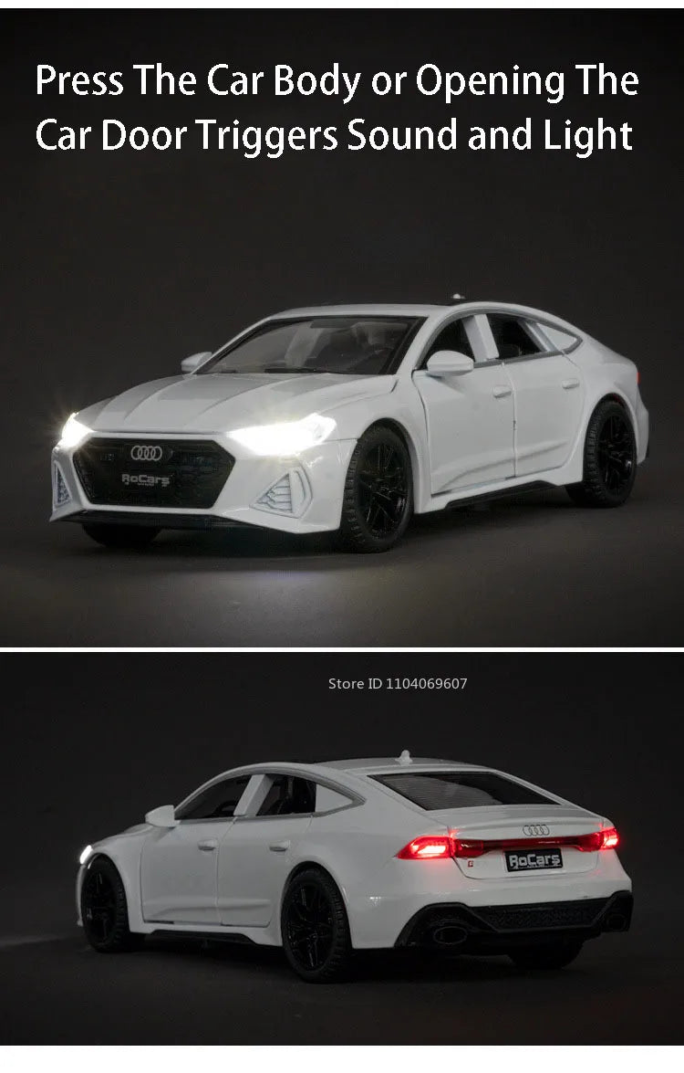 Audi RS7 Sportback, liga metálica fundida, 6 portas abertas com pneus de borracha retráteis, ornamento, veículo, brinquedos, presentes