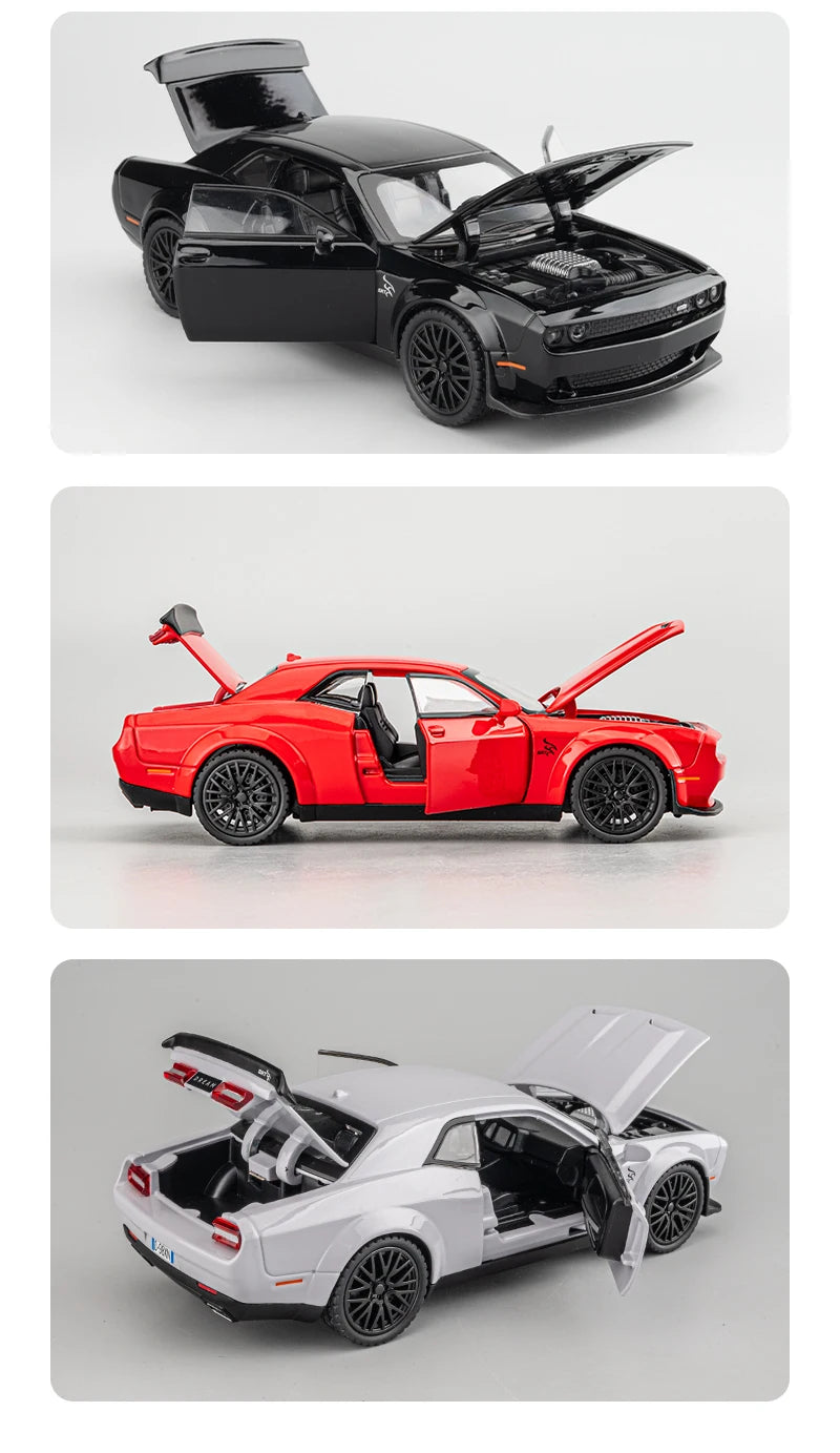 Dodge Challenger Hellcat Toy Car para 1:32 Escala Die Cast Metal Cars Toy Pull Back Hellcat Model Cars com Som e Luz Hellc
