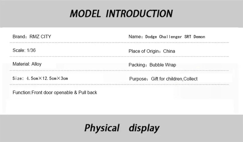 Dodge Challenger SRT Demon Sports Car Alloy Diecast Car Modelo de brinquedo com retrocesso para crianças Presentes Coleção de brinquedos
