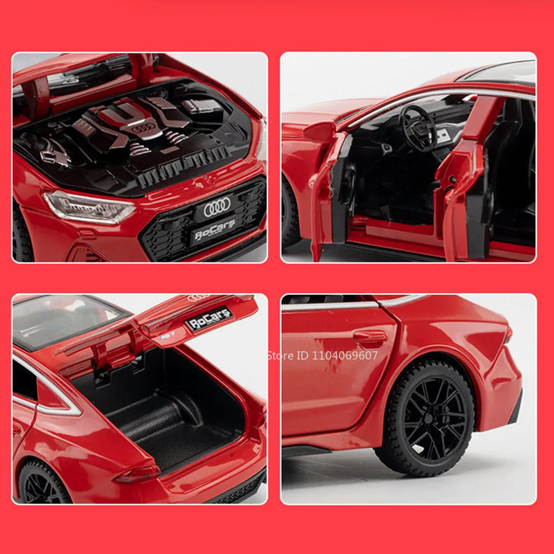 Audi RS7 Sportback, liga metálica fundida, 6 portas abertas com pneus de borracha retráteis, ornamento, veículo, brinquedos, presentes