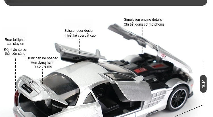 SLR 772S Modelo de carro de brinquedo Corpo de liga Pneus de borracha Diecast Supercarros Modelos Portas abertas Som Luz Brinquedos para crianças Presentes