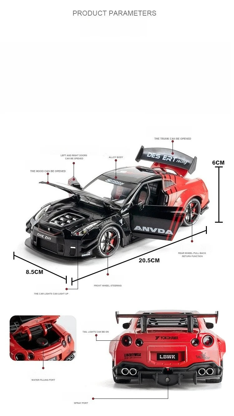 GTR Revuelto Carro de Liga de Brinquedo Miniatura Diecast Supercarro Portas Abertas Som Luz Puxar Volante Dianteiro Carros de Direção Presente para Criança