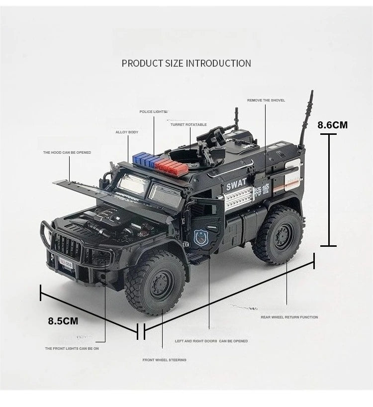Carro de polícia blindado SWAT em escala 1:32, modelo de brinquedo de metal fundido, com absorção de choque, caminhão pesado, brinquedo com som e luz, presente para crianças