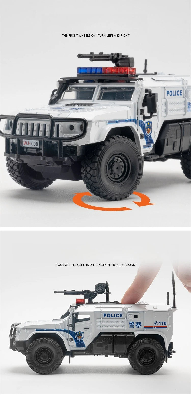 Carro de polícia blindado SWAT em escala 1:32, modelo de brinquedo de metal fundido, com absorção de choque, caminhão pesado, brinquedo com som e luz, presente para crianças