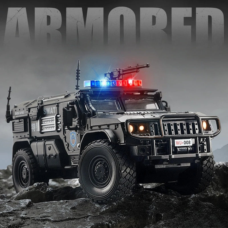 Carro de polícia blindado SWAT em escala 1:32, modelo de brinquedo de metal fundido, com absorção de choque, caminhão pesado, brinquedo com som e luz, presente para crianças