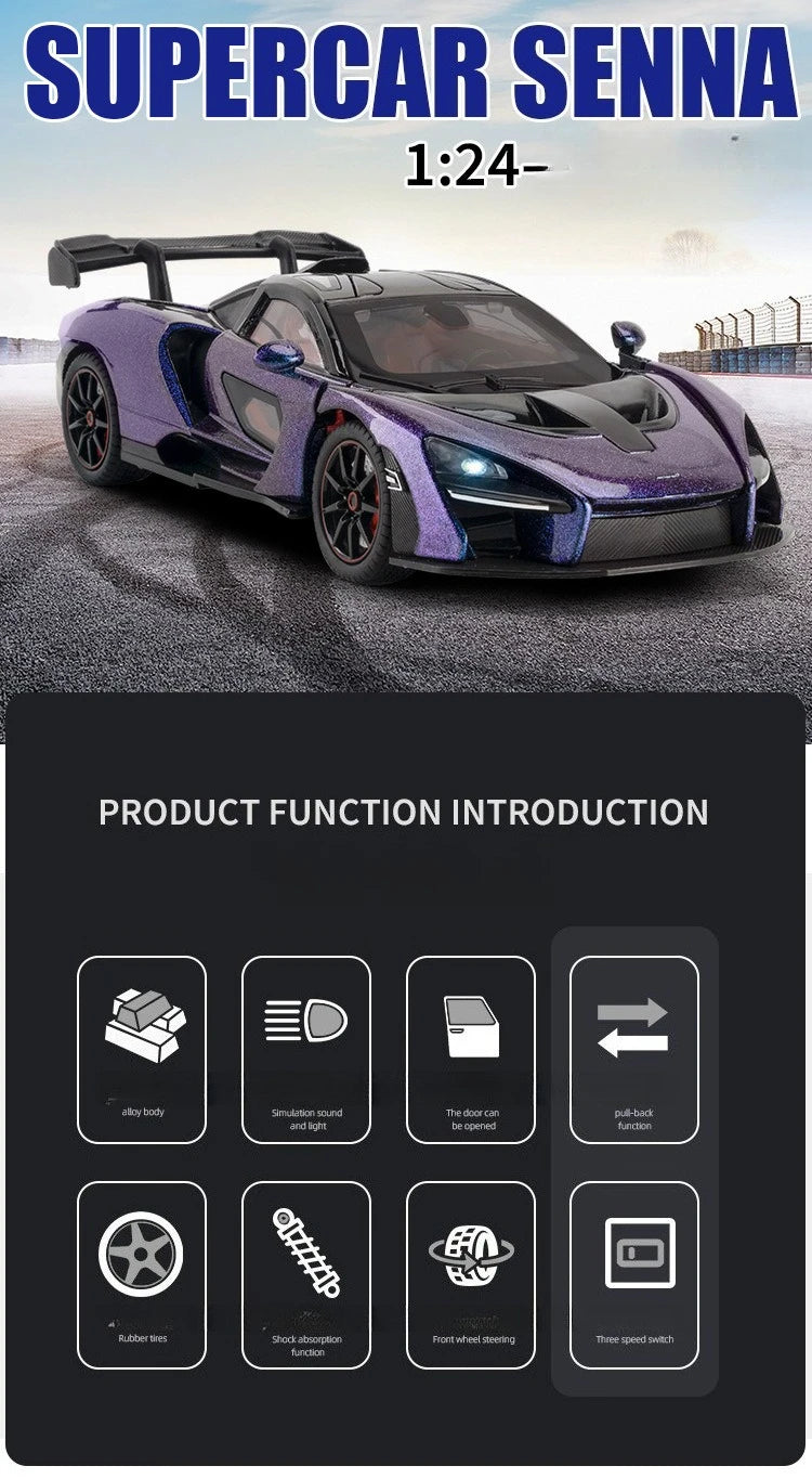 McLaren Senna Liga de Metal Fundido Modelo de Carro Som e Luz Coleção Hobby Super Racing Serie Presente de Aniversário para Menino