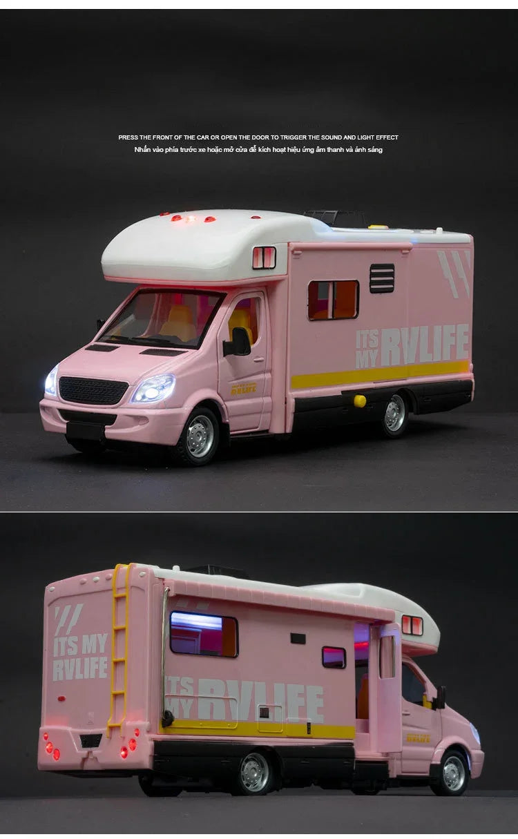 Carro de luxo RV modelo de carro de brinquedo fundido de metal Camper Van Motorhome modelo de carro de turismo com som e luz presente para crianças