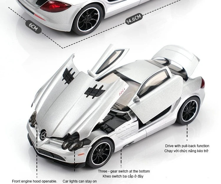 SLR 772S Modelo de carro de brinquedo Corpo de liga Pneus de borracha Diecast Supercarros Modelos Portas abertas Som Luz Brinquedos para crianças Presentes