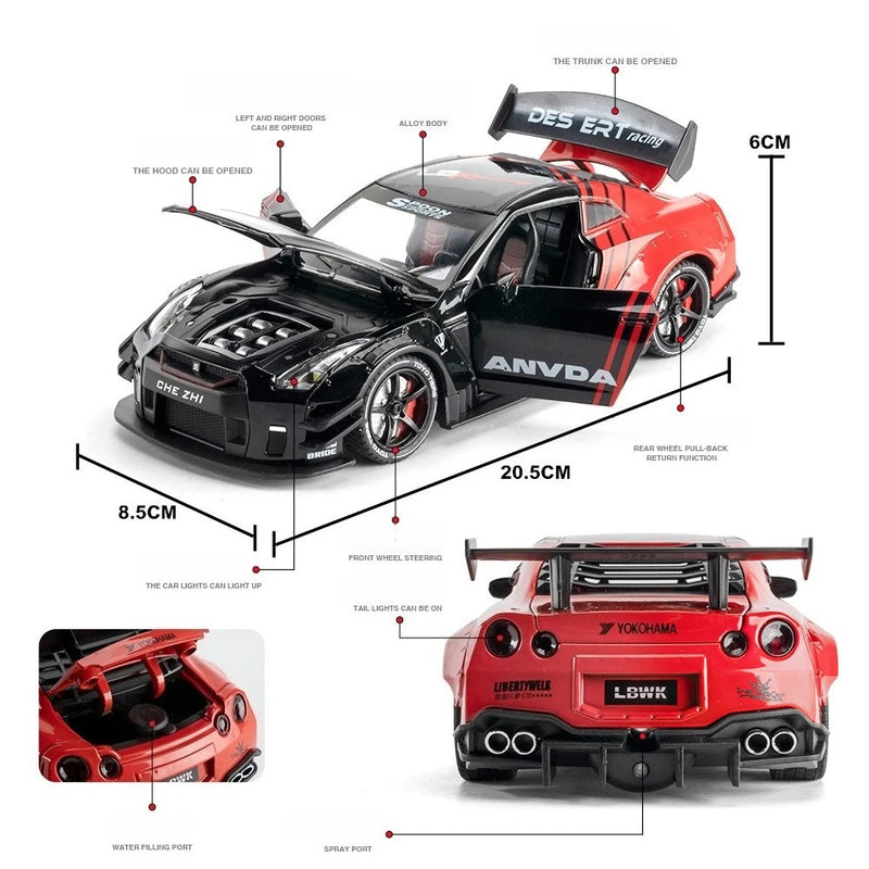 GTR Revuelto Carro de Liga de Brinquedo Miniatura Diecast Supercarro Portas Abertas Som Luz Puxar Volante Dianteiro Carros de Direção Presente para Criança
