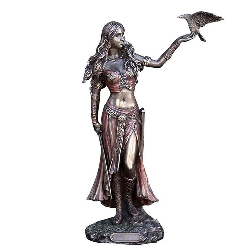 Estátua de Resina Morrigan – Deusa Celta da Guerra com Corvo e Espada | Acabamento Bronzeado para Decoração Mitológica