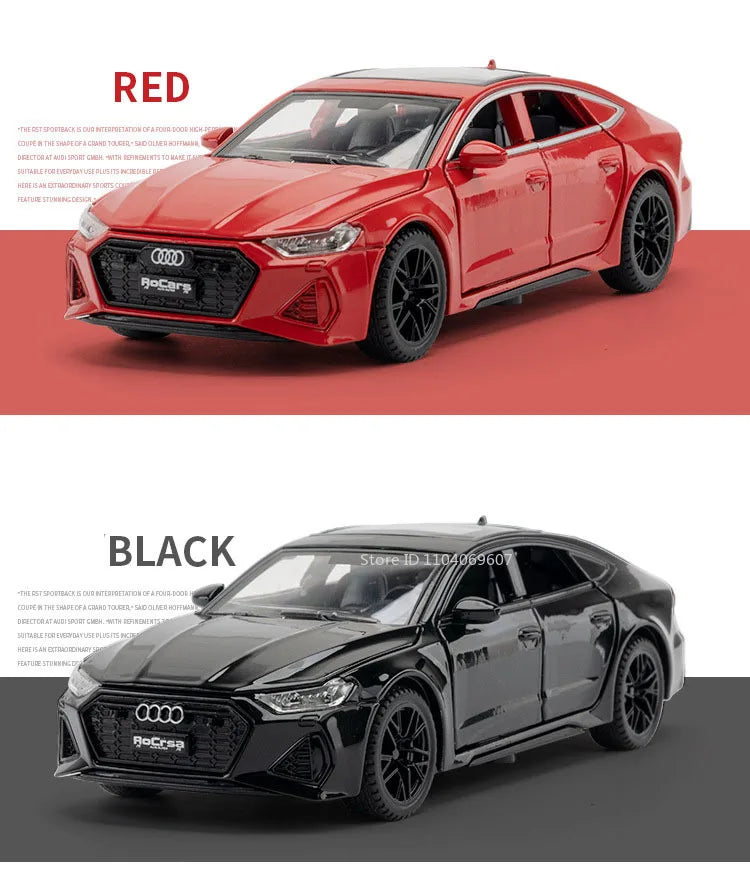 Audi RS7 Sportback, liga metálica fundida, 6 portas abertas com pneus de borracha retráteis, ornamento, veículo, brinquedos, presentes
