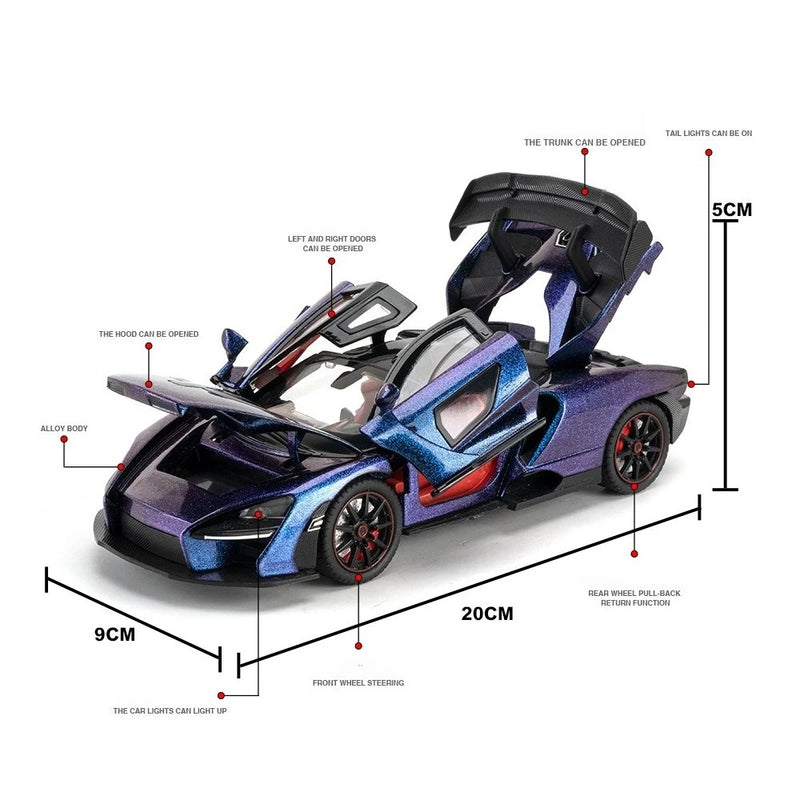 McLaren Senna Liga de Metal Fundido Modelo de Carro Som e Luz Coleção Hobby Super Racing Serie Presente de Aniversário para Menino