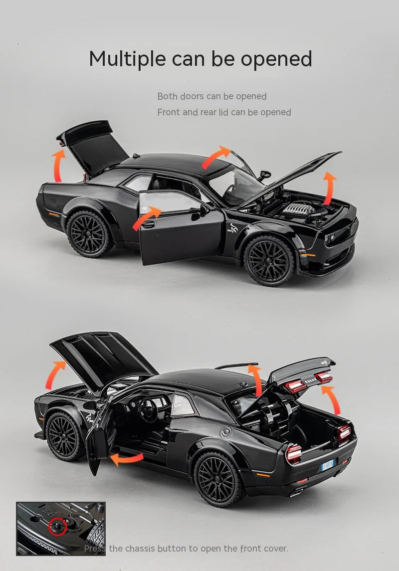 Dodge Challenger Hellcat Toy Car para 1:32 Escala Die Cast Metal Cars Toy Pull Back Hellcat Model Cars com Som e Luz Hellc