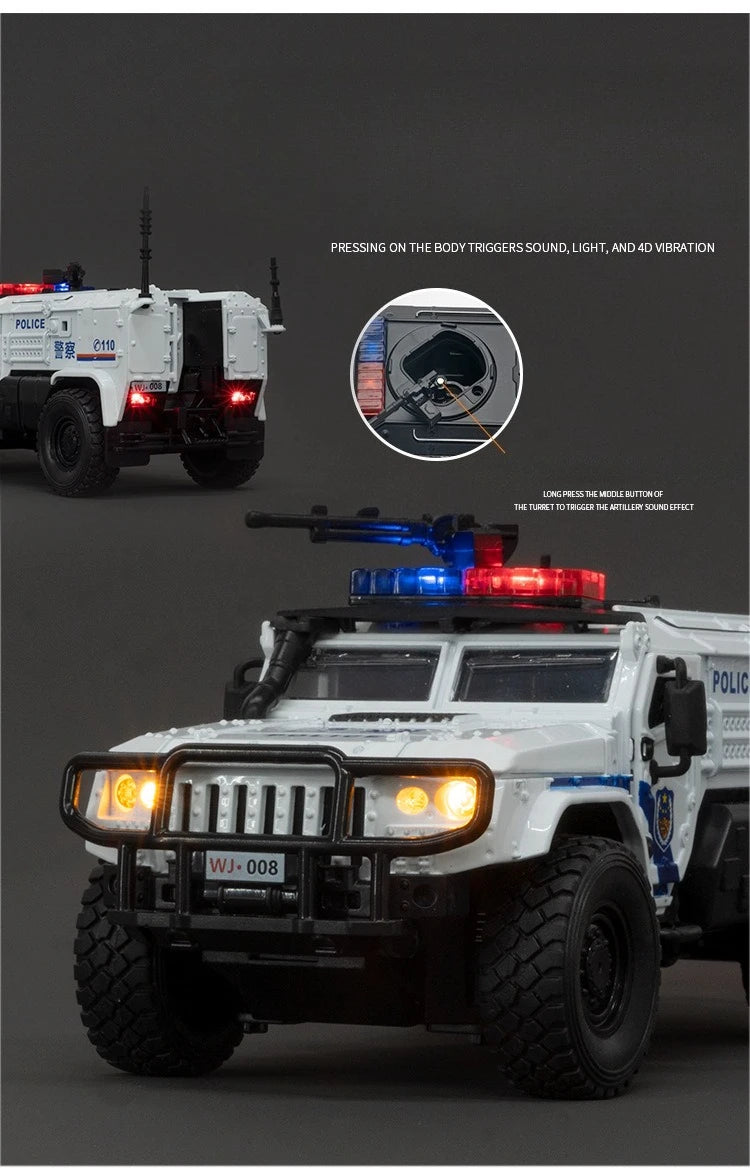 Carro de polícia blindado SWAT em escala 1:32, modelo de brinquedo de metal fundido, com absorção de choque, caminhão pesado, brinquedo com som e luz, presente para crianças