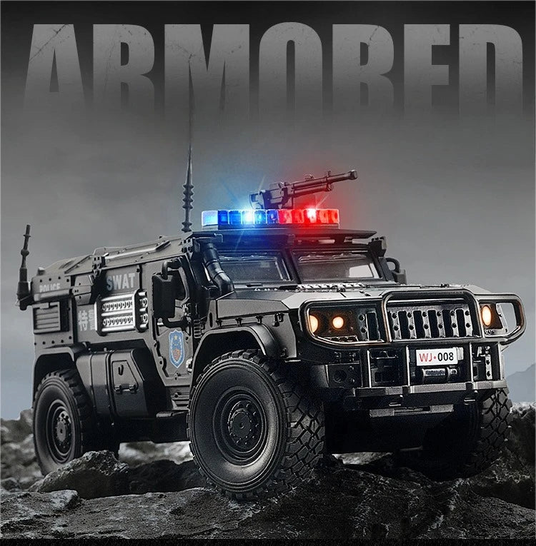 Carro de polícia blindado SWAT em escala 1:32, modelo de brinquedo de metal fundido, com absorção de choque, caminhão pesado, brinquedo com som e luz, presente para crianças