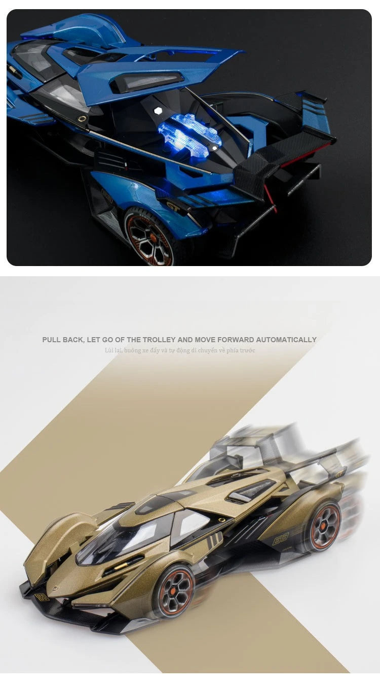 GT V12 Super Concept Sports Car Alloy Metal Diecast Modelo de Carro Som Luz Brinquedos Infantis