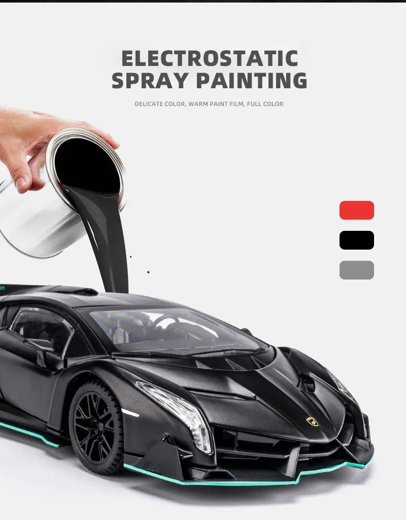 Lamborghini esportivo modelo Veneno, escala 1/24, porta que pode ser aberta, carro de brinquedo com roda dianteira dirigível
