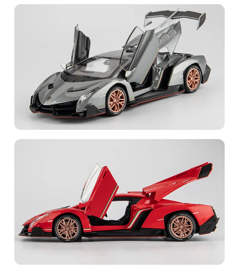 Lamborghini esportivo modelo Veneno, escala 1/24, porta que pode ser aberta, carro de brinquedo com roda dianteira dirigível