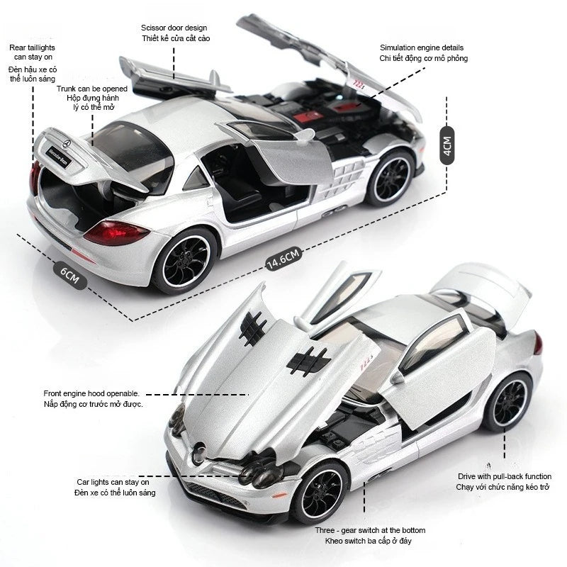 SLR 772S Modelo de carro de brinquedo Corpo de liga Pneus de borracha Diecast Supercarros Modelos Portas abertas Som Luz Brinquedos para crianças Presentes