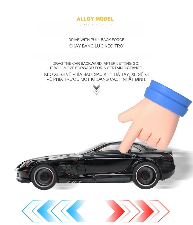 SLR 772S Modelo de carro de brinquedo Corpo de liga Pneus de borracha Diecast Supercarros Modelos Portas abertas Som Luz Brinquedos para crianças Presentes