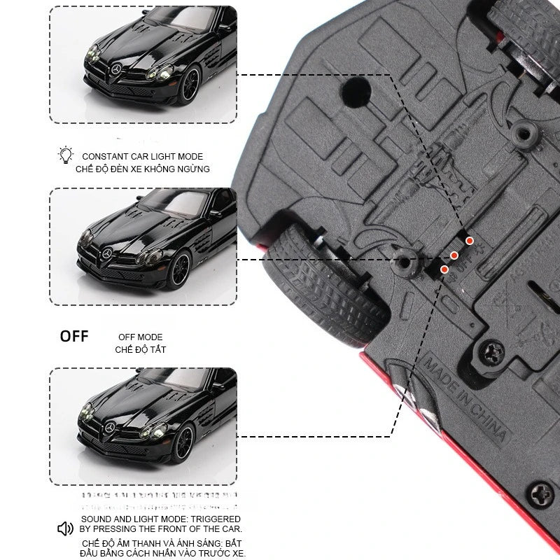 SLR 772S Modelo de carro de brinquedo Corpo de liga Pneus de borracha Diecast Supercarros Modelos Portas abertas Som Luz Brinquedos para crianças Presentes