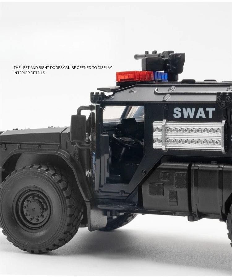 Carro de polícia blindado SWAT em escala 1:32, modelo de brinquedo de metal fundido, com absorção de choque, caminhão pesado, brinquedo com som e luz, presente para crianças