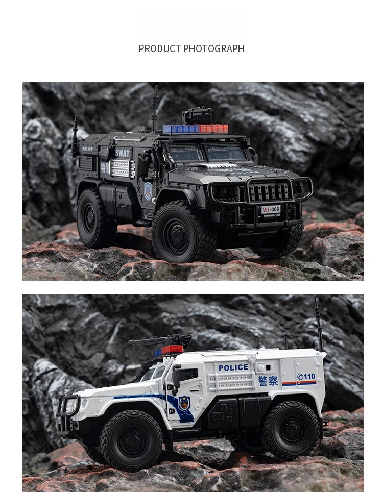 Carro de polícia blindado SWAT em escala 1:32, modelo de brinquedo de metal fundido, com absorção de choque, caminhão pesado, brinquedo com som e luz, presente para crianças