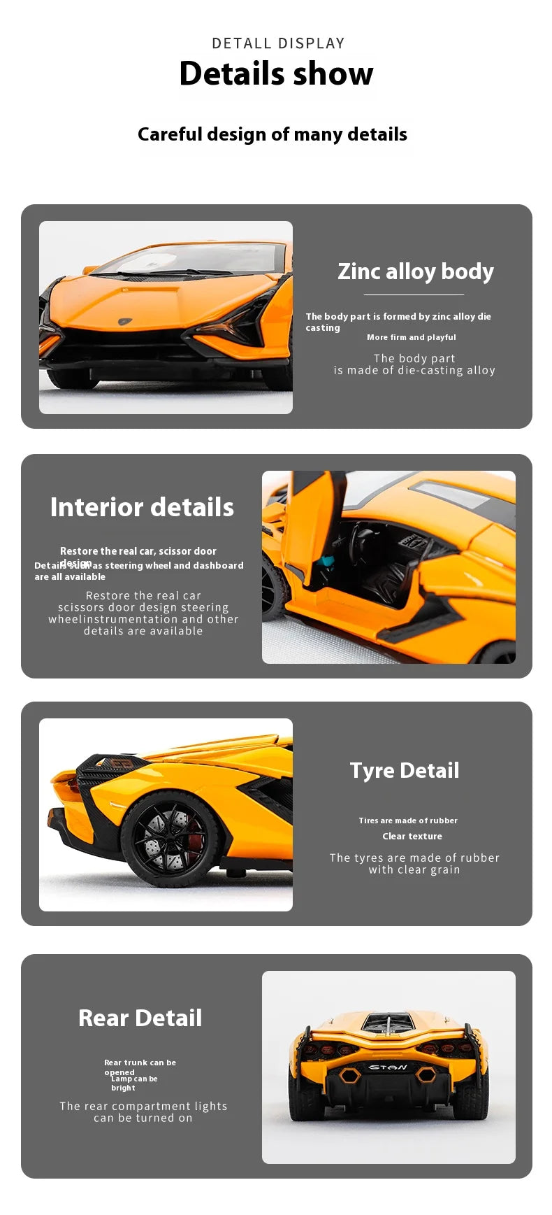 Lamborghini  modelo de liga leve - som e luz, ação retrátil, presente para crianças e fãs de carros esportivos