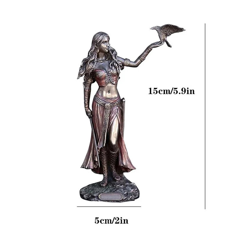 Estátua de Resina Morrigan – Deusa Celta da Guerra com Corvo e Espada | Acabamento Bronzeado para Decoração Mitológica