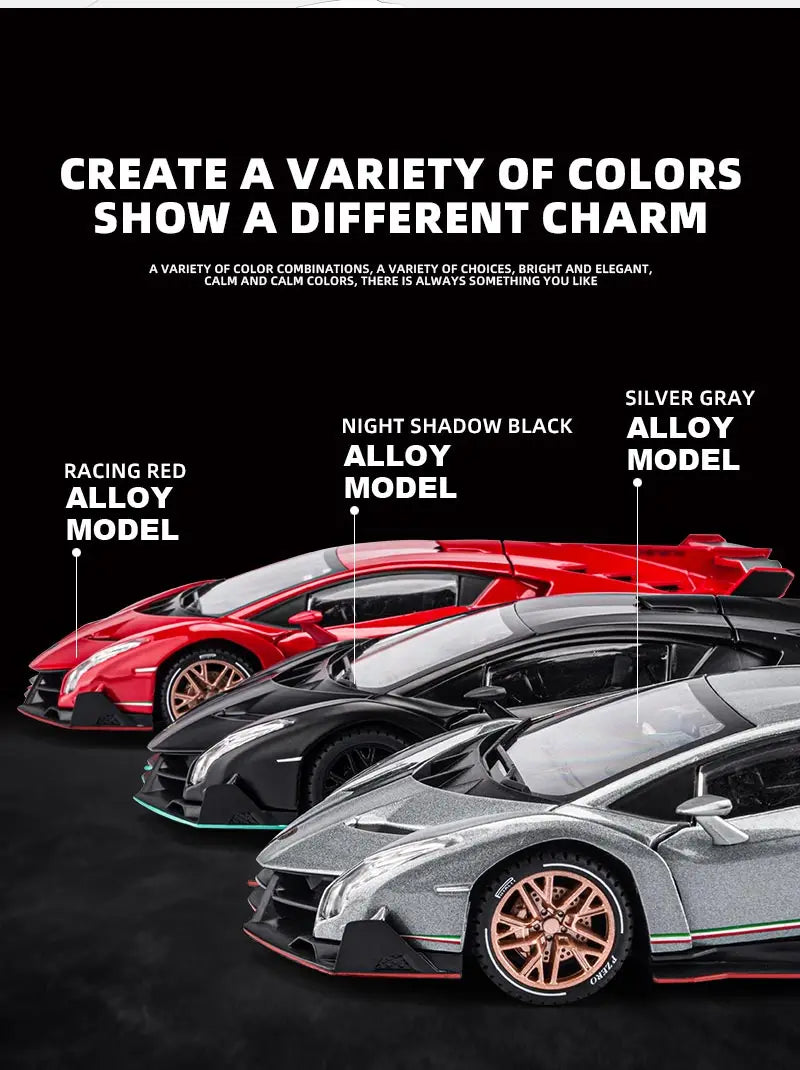 Lamborghini esportivo modelo Veneno, escala 1/24, porta que pode ser aberta, carro de brinquedo com roda dianteira dirigível
