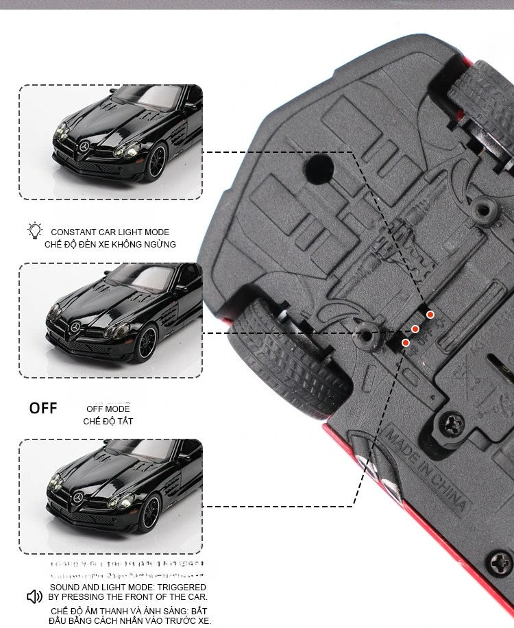 SLR 772S Modelo de carro de brinquedo Corpo de liga Pneus de borracha Diecast Supercarros Modelos Portas abertas Som Luz Brinquedos para crianças Presentes